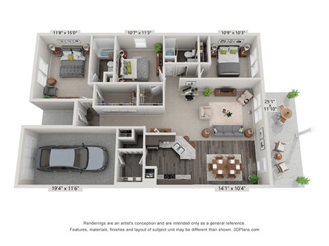 Floor plan for 3 beds, 2 baths, 1403 sqft
